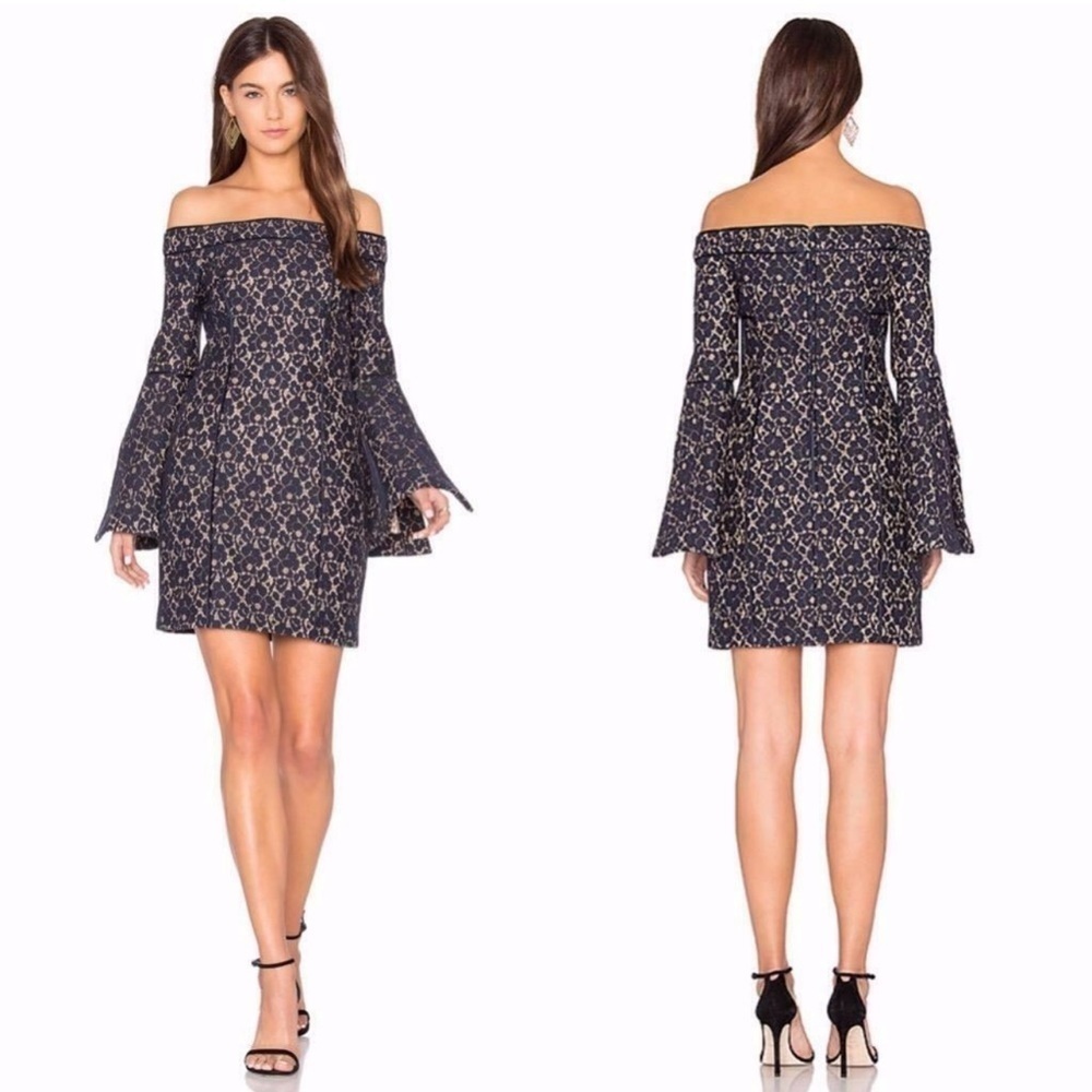 Keepsake The Label Womens Too Soon Long Sleeve Off Shoulder Navy Lace Mini Dress